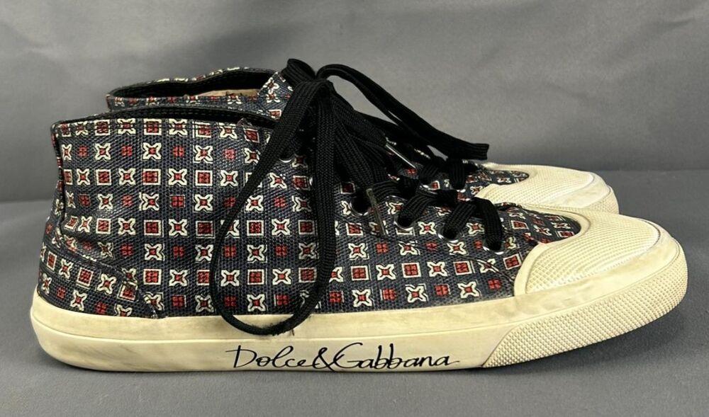 Dolce & Gabbana London Mid Top Sneakers Canvas Geometric Tile Print -Size 7.5US